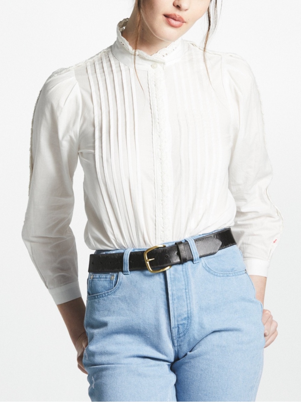 L'ecole des Femmes Victorian Cotton Blouse Classic White Pintuck Collar Shirt, S